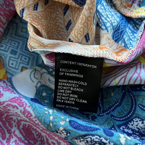 Calessa Embroidered Multi Print Split Round Neck 3/4 Bell Sleeve Woven Tunic. - Picture 8 of 11